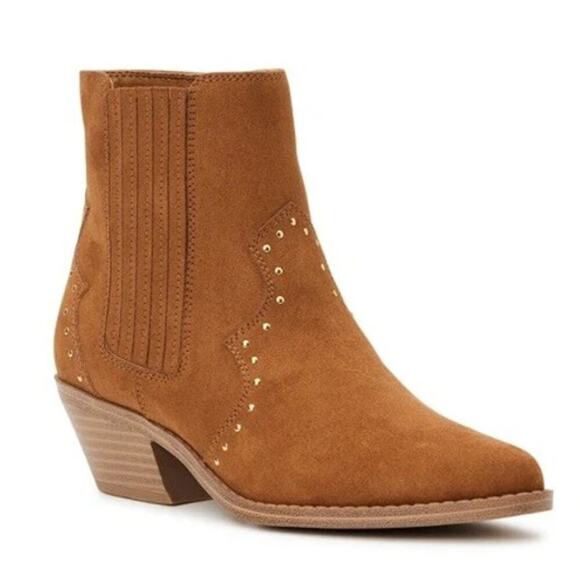 Size 7 Caramel Tan Brown Suede Pointed Toe Ankle Booties Fall Boot Western Rodeo - Picture 1 of 14